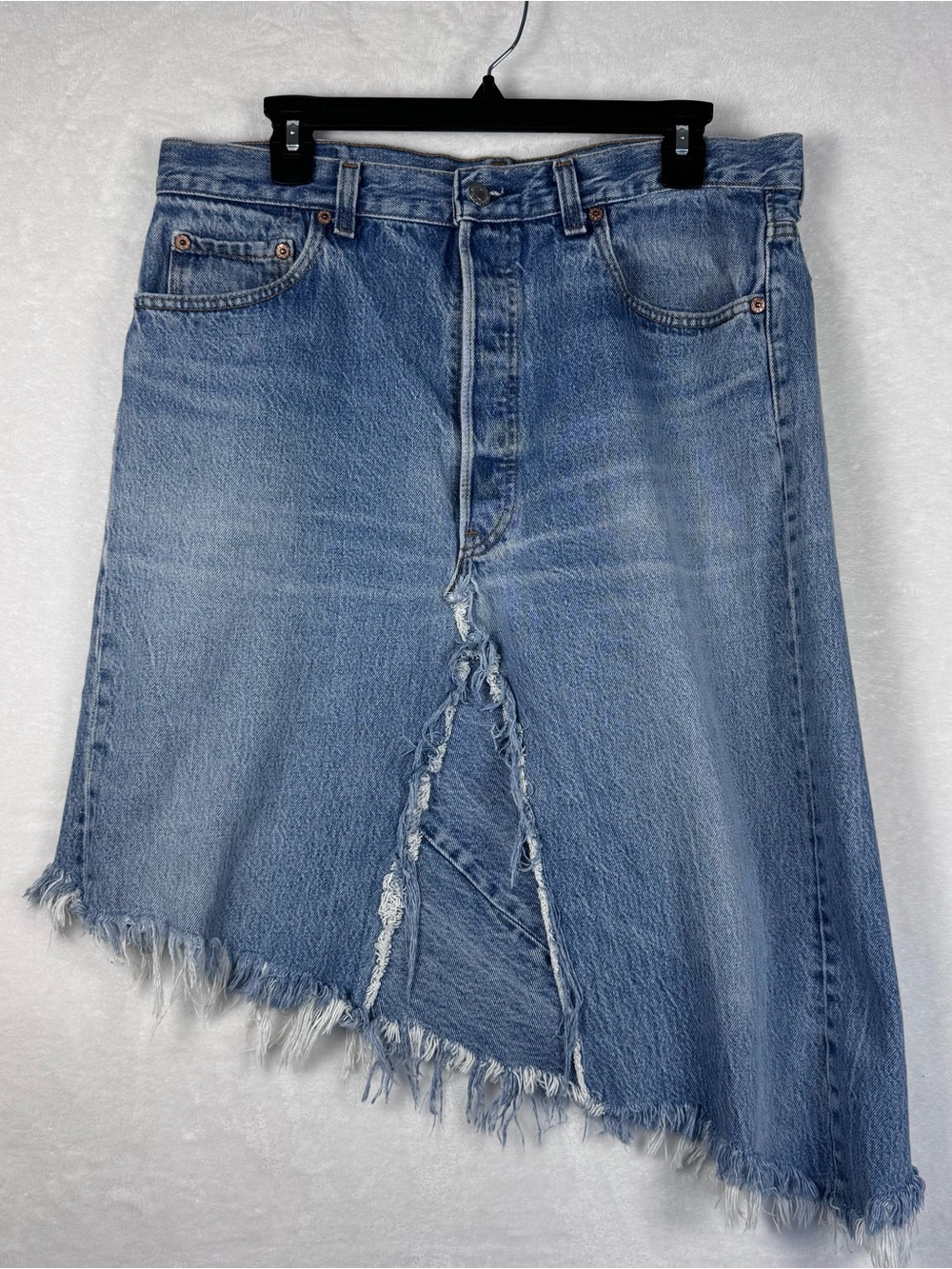 Vintage 1989 Levi’s 501 Reworked Denim Skirt Raw Hem Button Fly